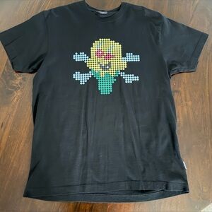 Icecream Black Tee with Yellow, Teal & Light Blue Pixel Skull Graphic